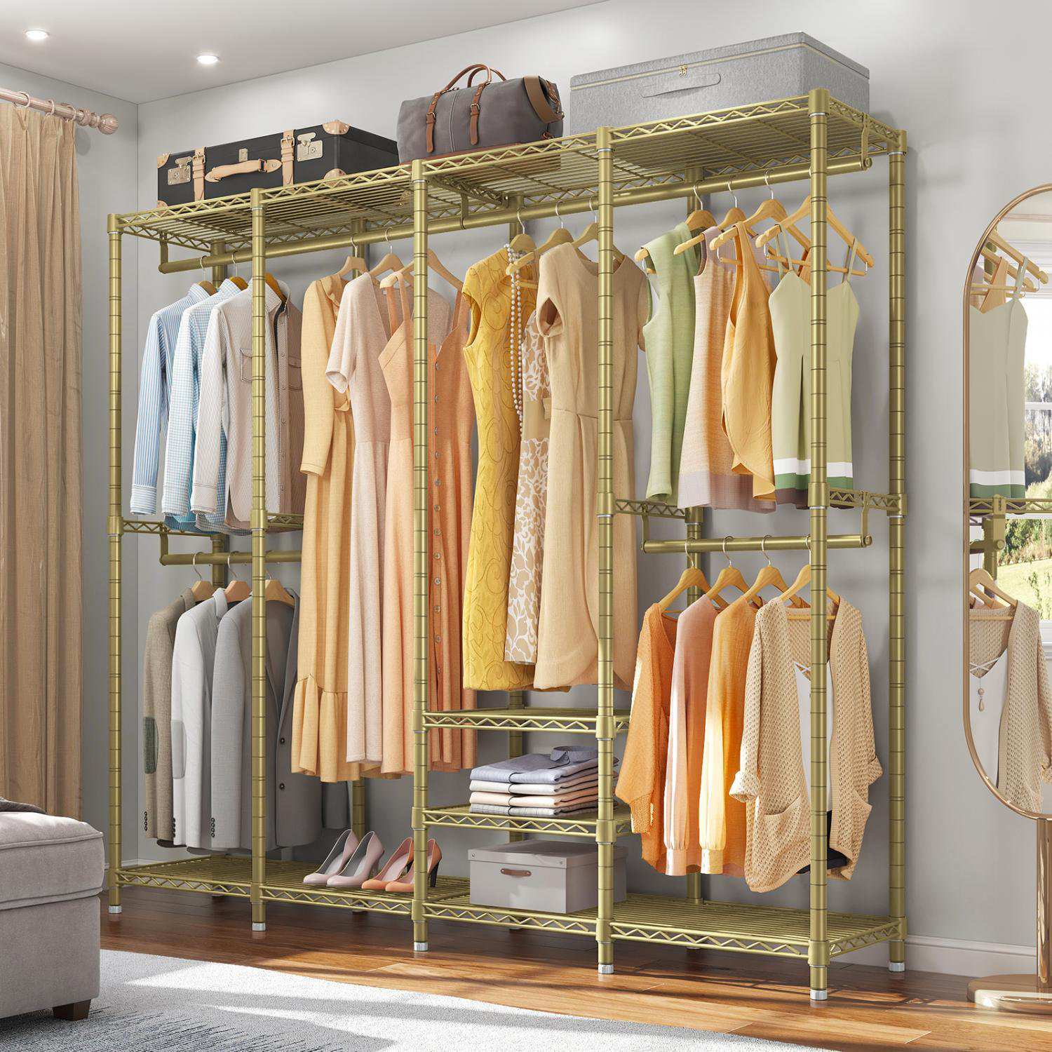 Gold Clothing Rack 2024 with Shelves, Standing Garment Rack, Clothes Rack for Hanging